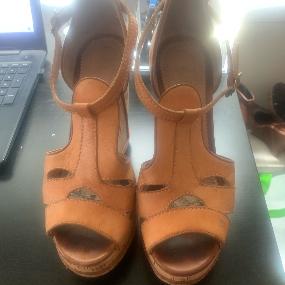 Chloe Beige Leather T Strap Cork Wedge Sandals